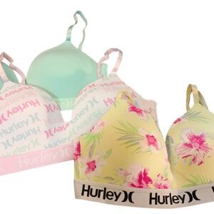 Hurley 3-Pack Bralette Set - Yellow Floral, Mint, White Logo
